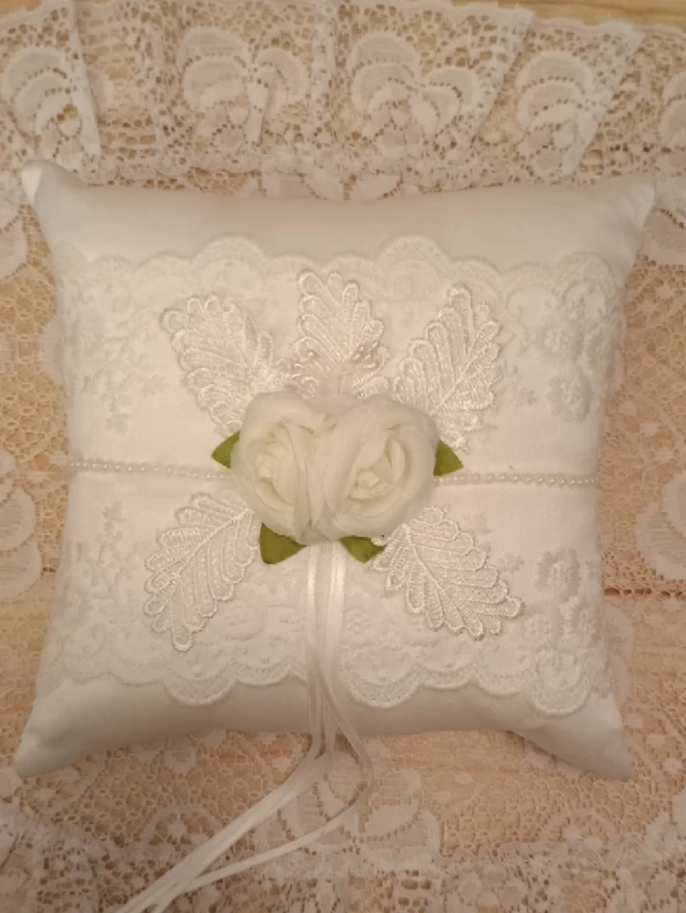 White Lace Wedding Ring Bearer Pillow and Flower Girl Basket Set - Picture 2 of 8